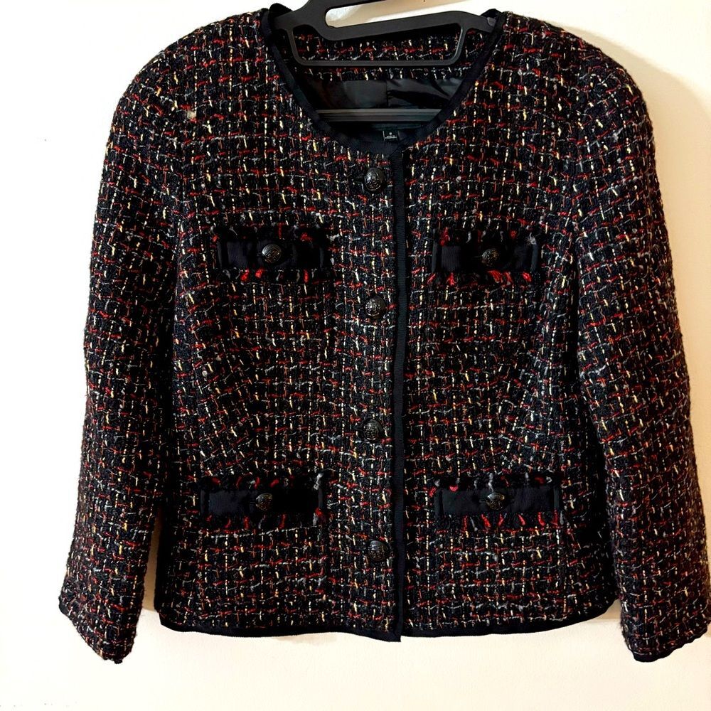 Talbots Black and Red Blazer with Textured Weave and Round Neckline